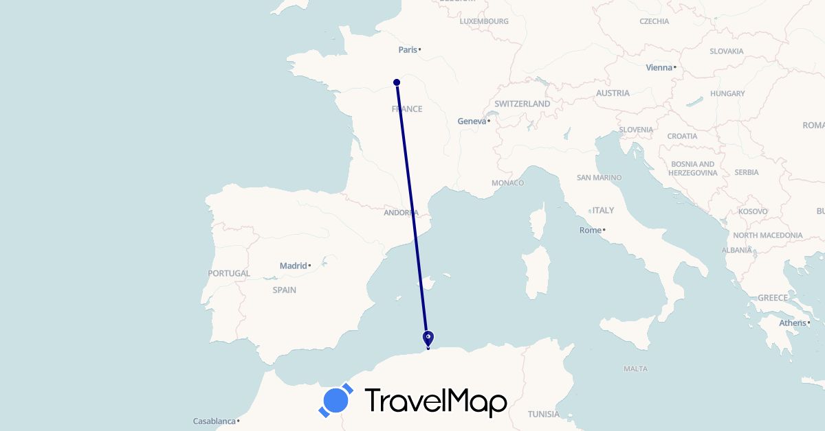 TravelMap itinerary: driving in Algeria, France (Africa, Europe)